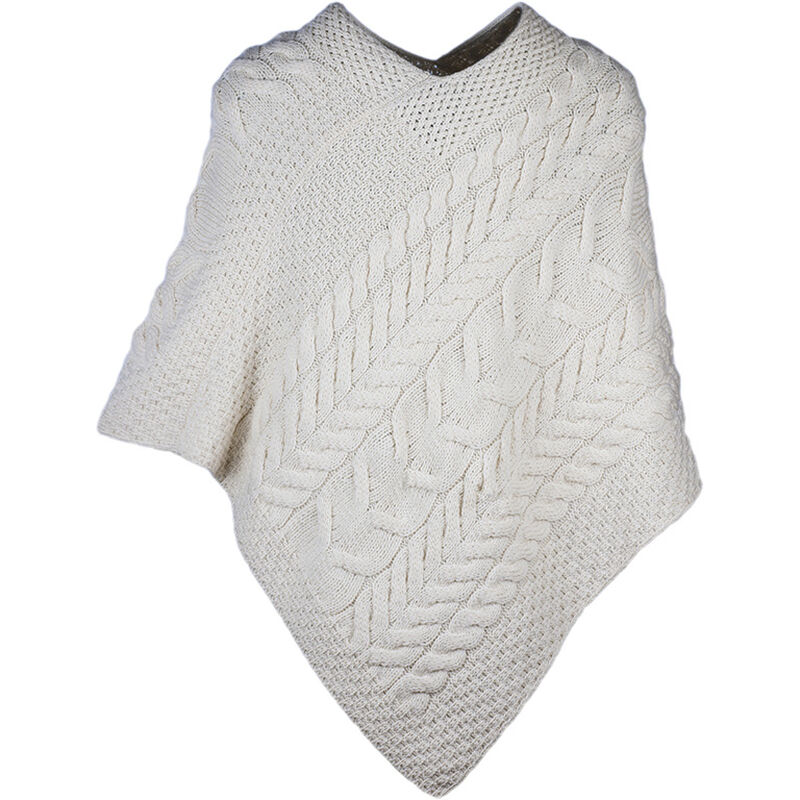 Super Soft Merino Wool Triangular Aran Cable Knit Design Poncho  Natural Colour